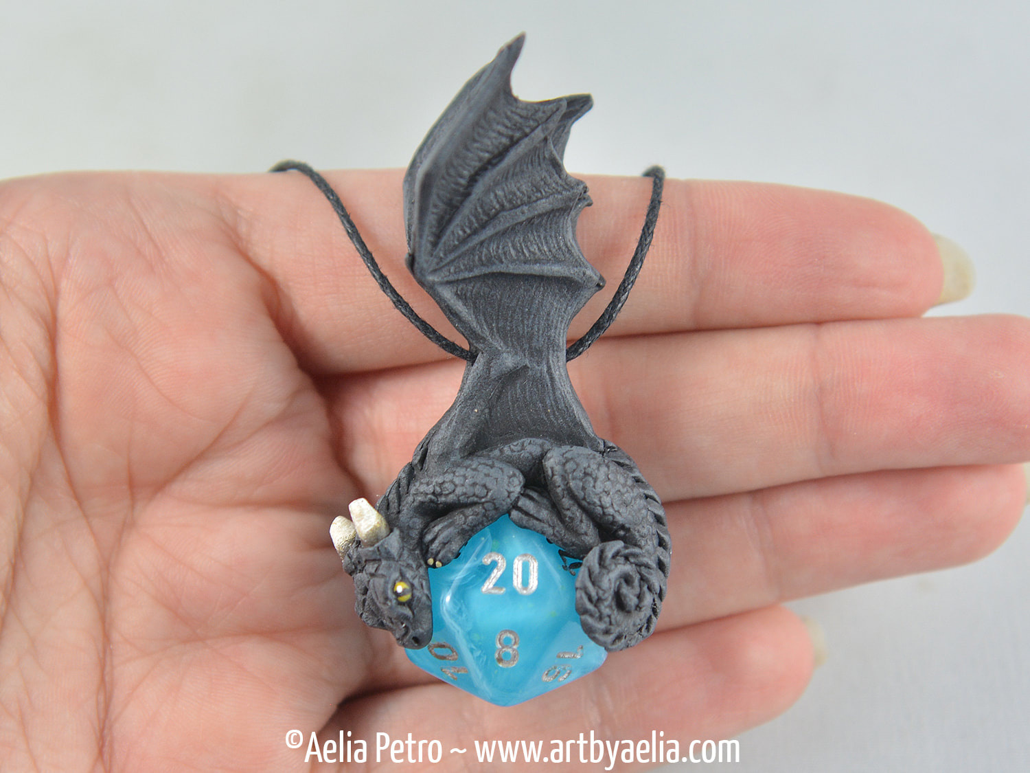Black Dragon D20 Pendant, Customizable Dice Dragon Necklace